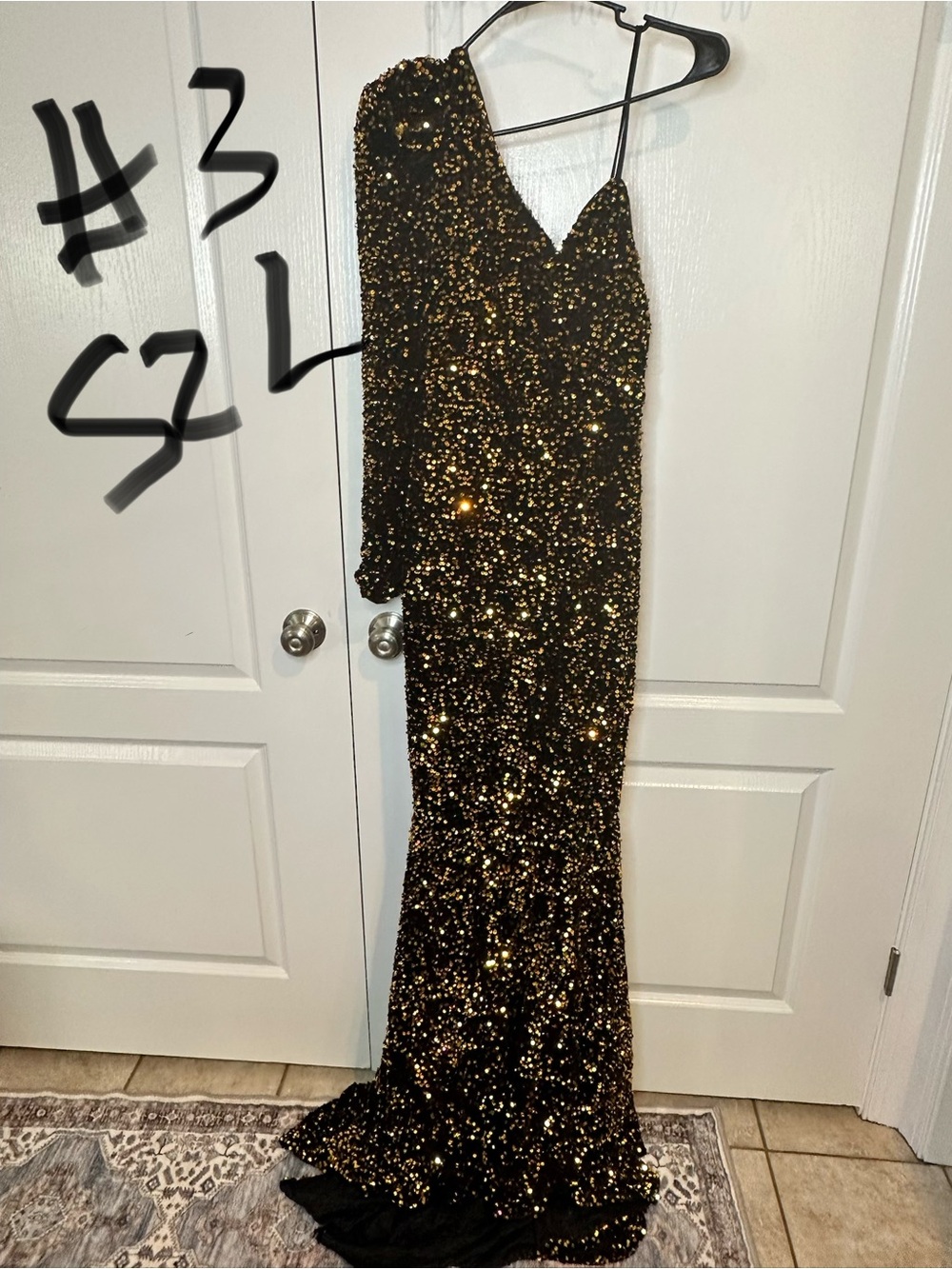 Black Sequin One-Shoulder Evening Gown with Gold Sparkle